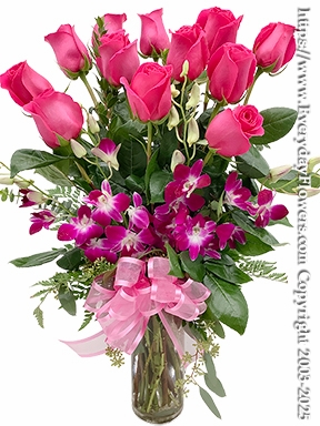 One Dozen Hot Pink Roses With Orchids
