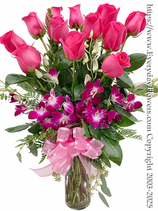 One Dozen Hot Pink Roses With Orchids