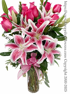 One Dozen Hot Pink Roses With Stargazer Lilies