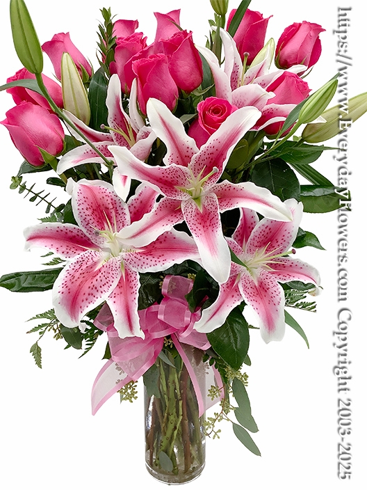 One Dozen Hot Pink Roses With Stargazer Lilies