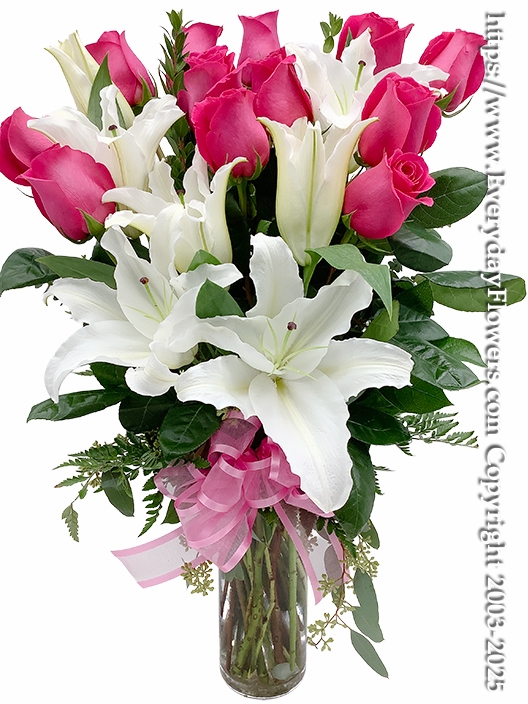 One Dozen Hot Pink Roses With White Lilies