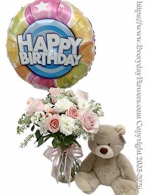 Pink Birthday Bouquet With Balloon & Stuffed Animal