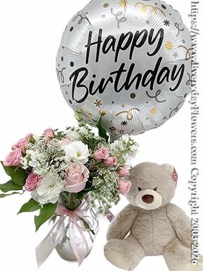 Pink Birthday Bouquet With Balloon & Stuffed Animal