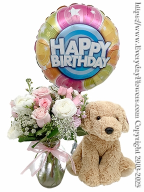 Pink Birthday Bouquet With Balloon & Stuffed Animal