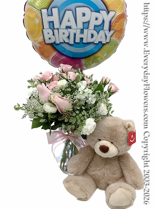 Pink Birthday Bouquet With Balloon & Stuffed Animal