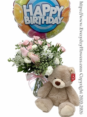 Pink Birthday Bouquet With Balloon & Stuffed Animal