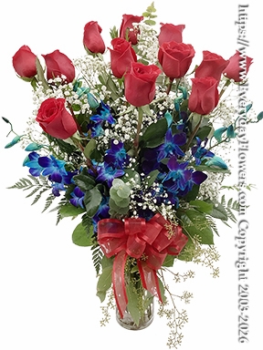 Red Roses White Babies Breath & Blue Orchids