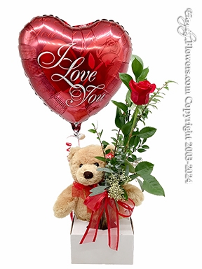 Single Rose With Stuffed Animal & Balloon Bundle