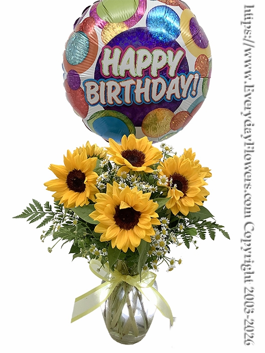 Sunflower Birthday Bouquet with Happy Birthday Balloon