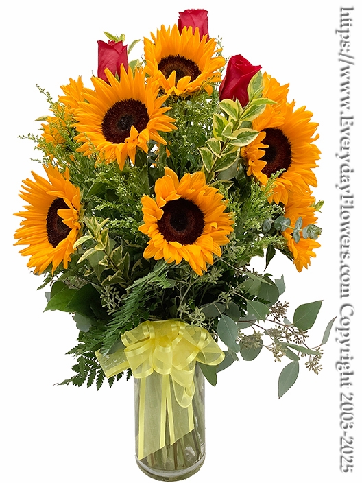Sunflowers With Red Roses