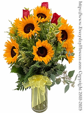Sunflowers With Red Roses