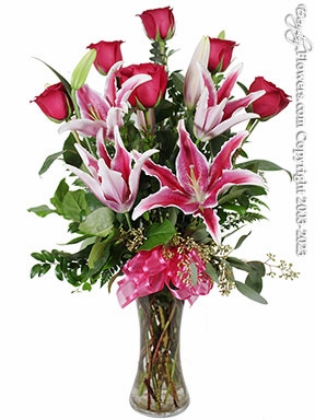 The Pink Rose Bouquet Featuring Stargazer Lilies