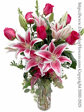 The Pink Rose Bouquet Featuring Stargazer Lilies