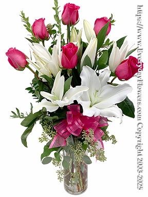The Pink Rose Bouquet Featuring White Lilies