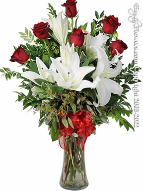 The Red Rose Bouquet Featuring White Lilies