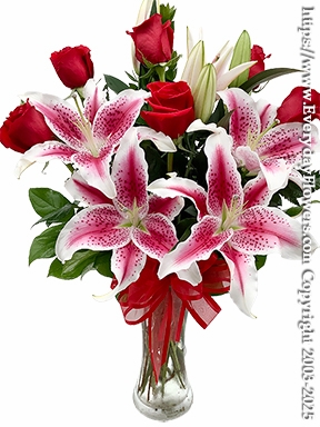 The Red Rose Bouquet with Pink Lilies