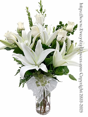 The White Rose Bouquet Featuring White Lilies