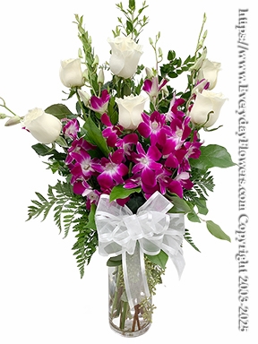 The White Rose Bouquet With Purple Orchids
