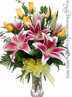 The Yellow Rose Bouquet Featuring Stargazer Lilies