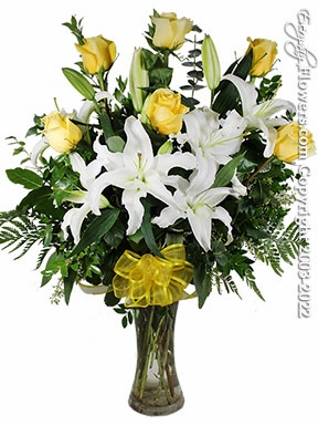 The Yellow Rose Bouquet Featuring White Lilies