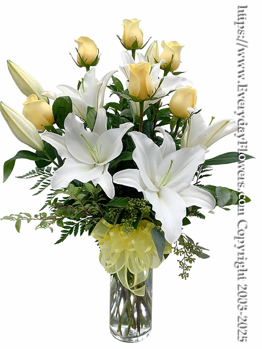 The Yellow Rose Bouquet Featuring White Lilies
