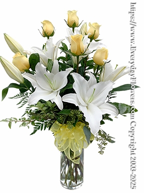 The Yellow Rose Bouquet Featuring White Lilies