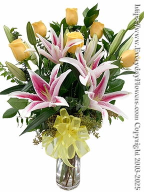The Yellow Rose Bouquet With Stargazer Lilies