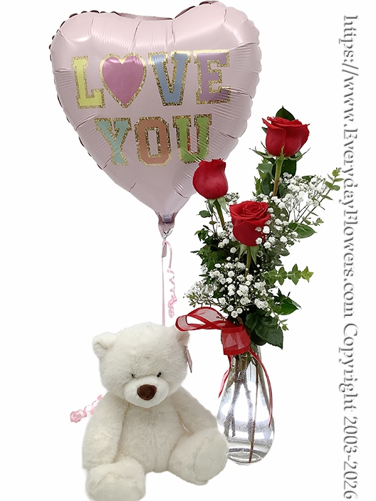 Three Rose Bouquet With Love You Balloon & Stuffed Animal