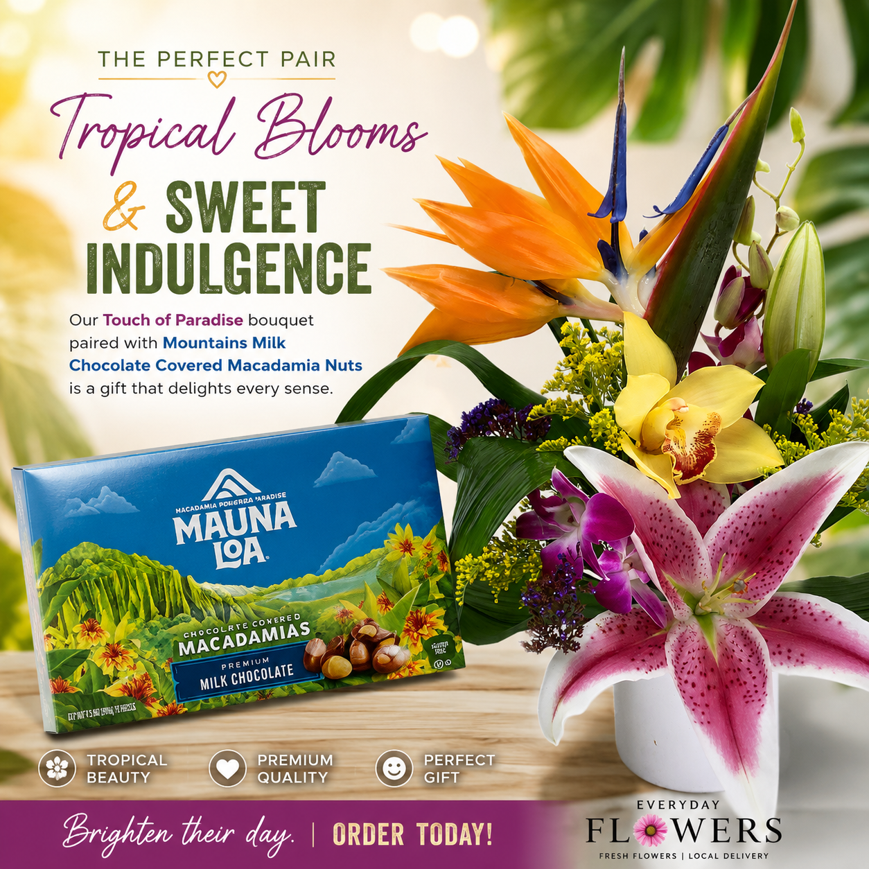Touch of Paradise tropical flower arrangement with Birds of Paradise, red ginger, orchids, and tropical blooms