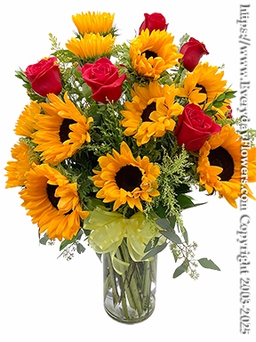 Twenty Sunflowers with Eight Red Roses in Cylinder Vase