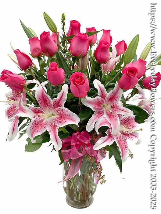 Two Dozen Hot Pink Roses With Stargazer Lilies