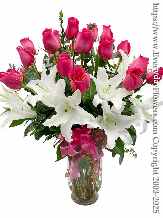 Two Dozen hot Pink Roses With White Lilies