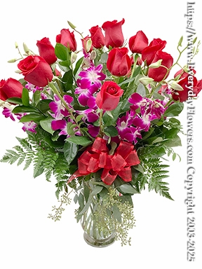 Two Dozen Roses With Purple Orchids