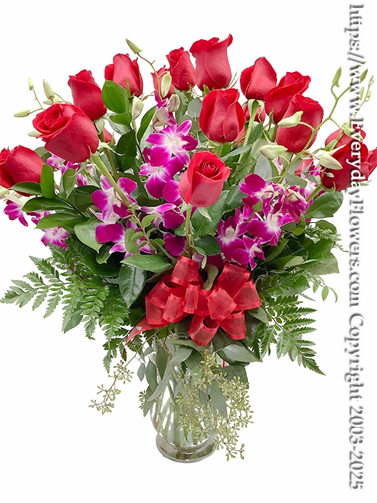 Two Dozen Roses With Purple Orchids