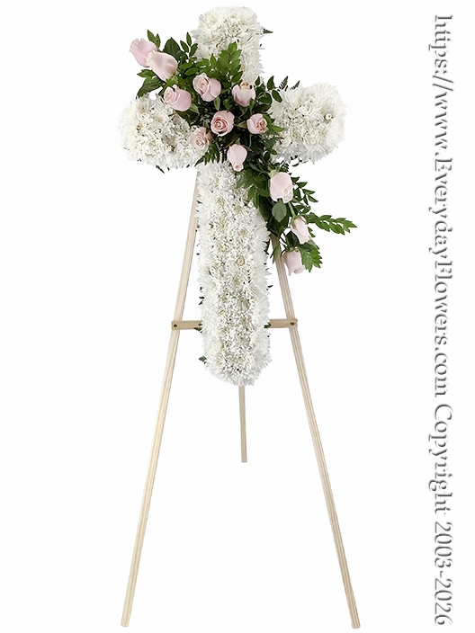 White Funeral Cross With Light Pink Roses