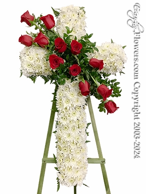 White Funeral Cross With Red Roses