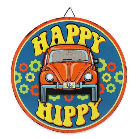 VW Happy Hippie Embossed Tin Garage Decorative Sign - 12 Inch