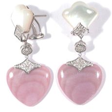 14K White Gold Mother of Pearl Pink Heart Diamond Earrings