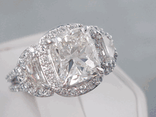 4.30 CTW CUSHION CUT DIAMOND ENGAGEMENT RING WITH HALF MOON CUT SIDE DIAMONDS 