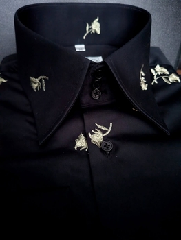 MorCouture Black Embroidered Gold Flower High Collar Shirt