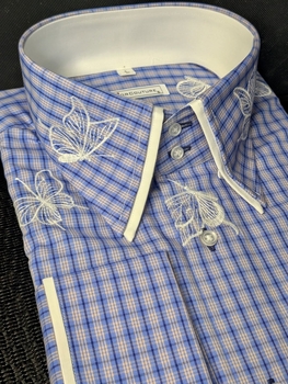 MorCouture Blue Check Embroidered Butterfly High Collar Shirt 