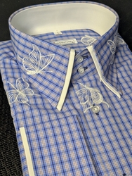 MorCouture Blue Check Embroidered Butterfly High Collar Shirt MorCouture Blue Check Embroidered Butterfly High Collar Shirt