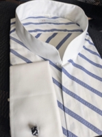 MorCouture White Blue Diagonal Band Collar Stripe Shirt XL(17 - 17.5) MorCouture White Blue Diagonal Band Collar Stripe Shirt XL(17 - 17.5)