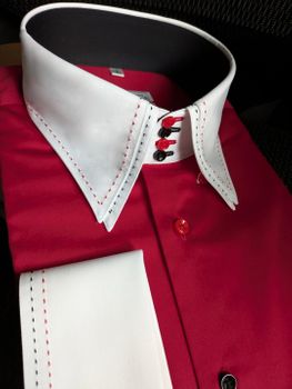 MorCouture Deep Red White Contrast Stitched High Double Collar Shirt