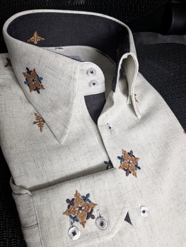 MorCouture Light Cream Embroidered High Collar Shirt.