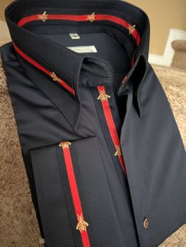 MorCouture Navy Bee Trim Low Drop High Collar Shirt