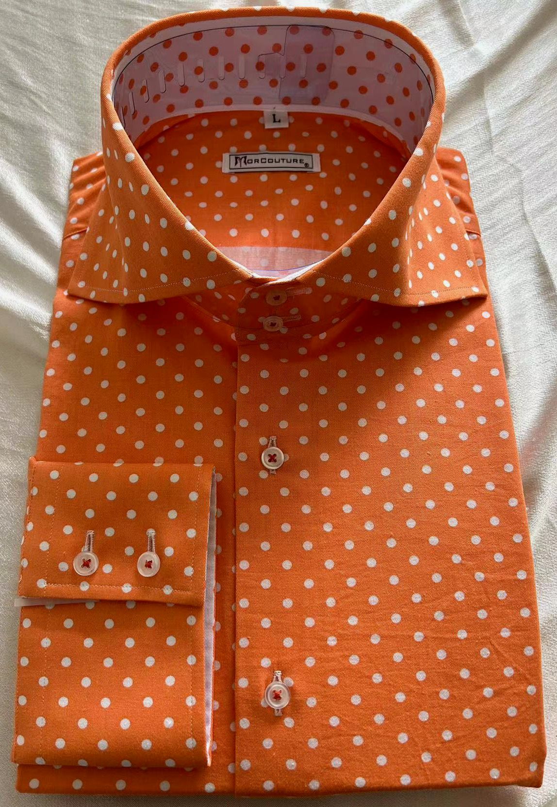 MorCouture Orange and White Polka Dot Spread Collar Shirt