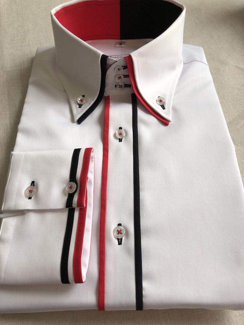 MorCouture Red Black Accent High Collar Shirt