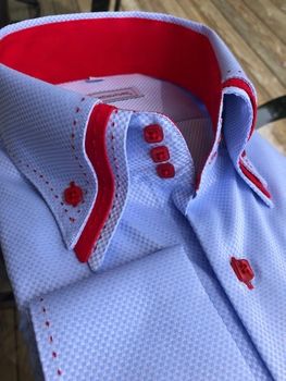 MorCouture Sky Red Triple Stitch High Collar shirt