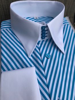 MorCouture Turquoise White Diagonal High Collar Shirt
